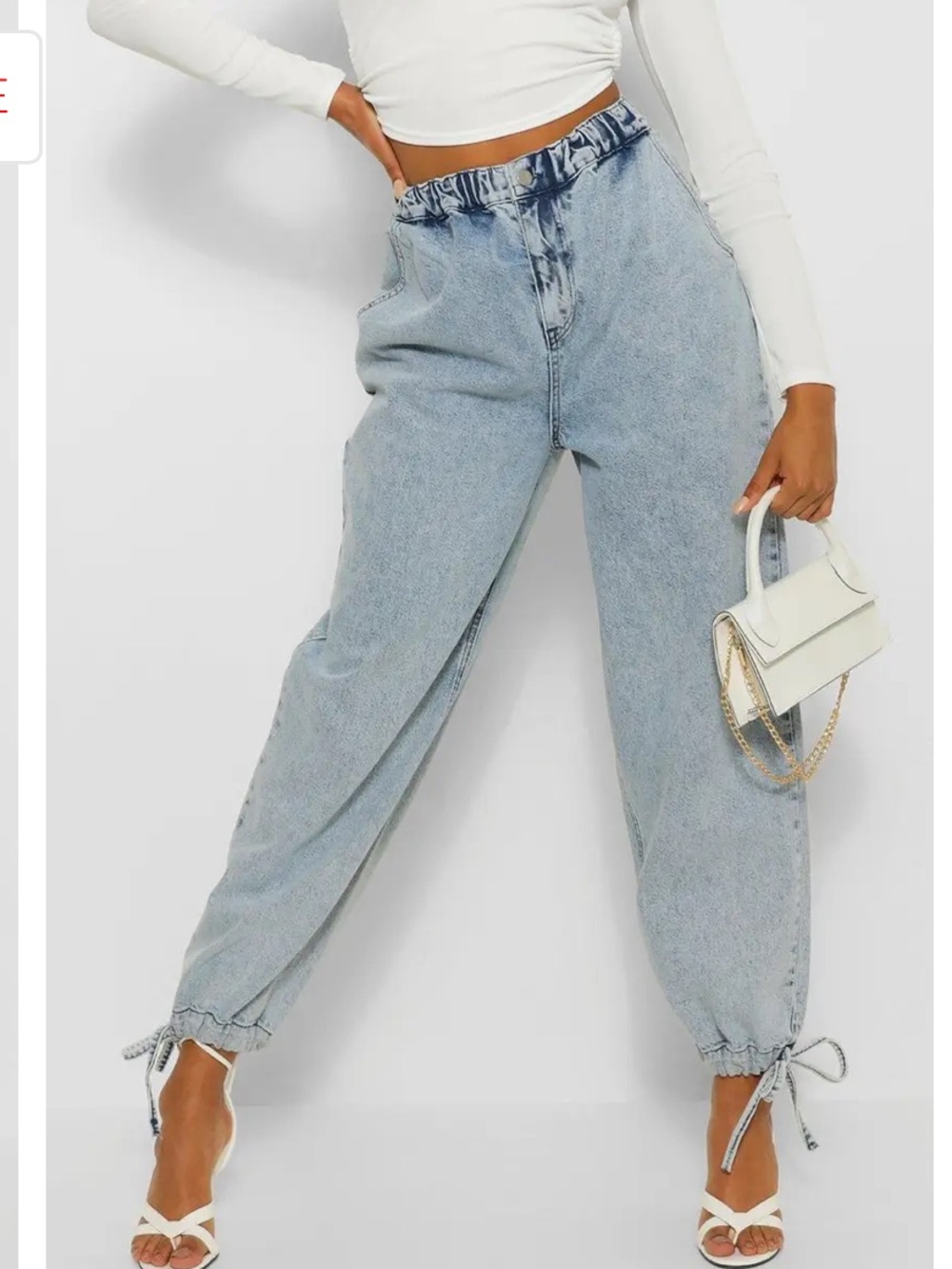 Boohoo Light Blue Paperbag Waist Boyfriend Jeans with Drawstring Hems - Picture 1 of 6